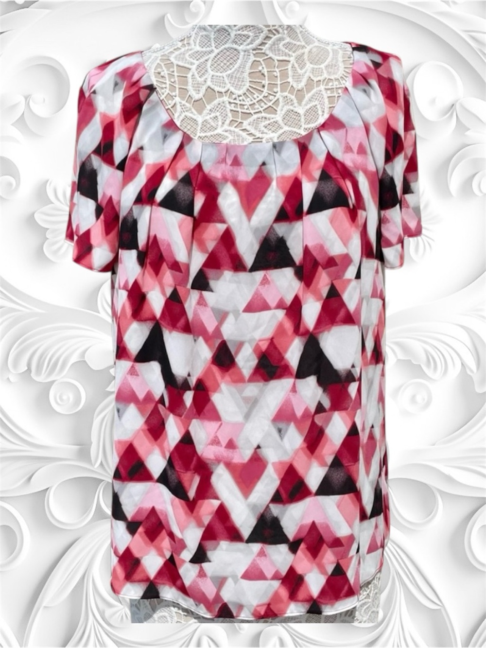Worthington Geometric Pink, Black, White Triangle Sheer Scoop Neck Blouse